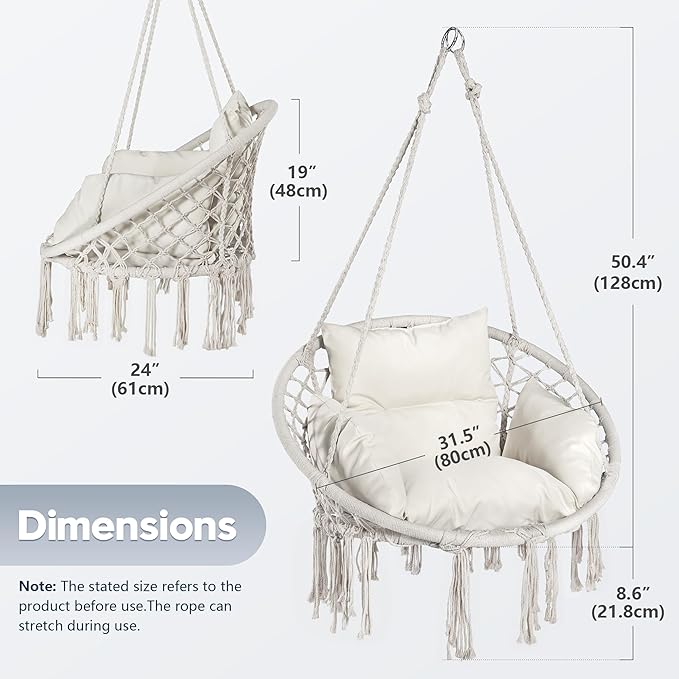 Hammock Hanging Rope Swing Chair with Cushion - Max 330 Lbs, Sturdy Hammock Swinging Chair for Bedroom, Porch, Balcony -White (Cream)