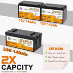 24V 140Ah LiFePO4 Battery, Built-in 100A BMS,3584Wh Lithium Battery,4000-15000 Deep Cycles & 10-Year Lifetime, Perfect for Marine, RV, Marine, Trolling Motor, Solar Off-Grid System