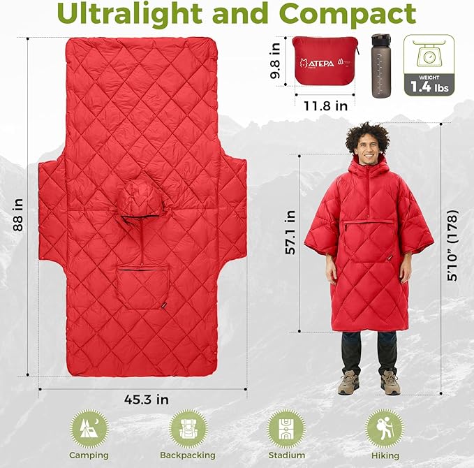 ATEPA Wearable Sleeping Bag, Recycled Warm Winter Camping Blanket Wearable Poncho for Outdoor, Stadium Sports Women Men