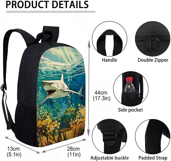 Shark Backpack with Lunch Box Kids Backpack for School Boys 3Pcs Kindergarten Elementary Middle Camping Travel Mochilas Escolares Para Niños with Keychain Wrist Lanyard Back Pack for School