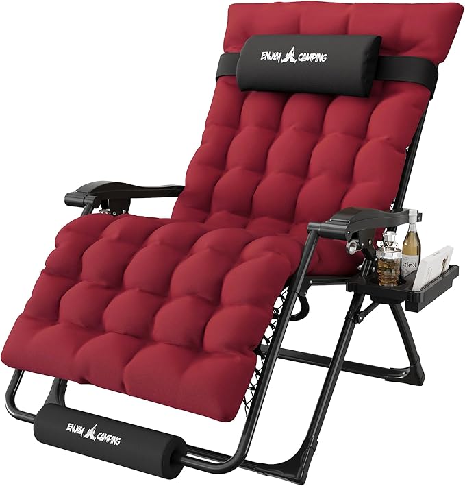 Amopatio Oversized Zero Gravity Padded Chair w/Removable Cushion&Headrest, XXL 33In Reclining Camping Lounge Chair Upgraded Lock and Footrest, Folding Patio Recliner for Indoor Outdoor, Red