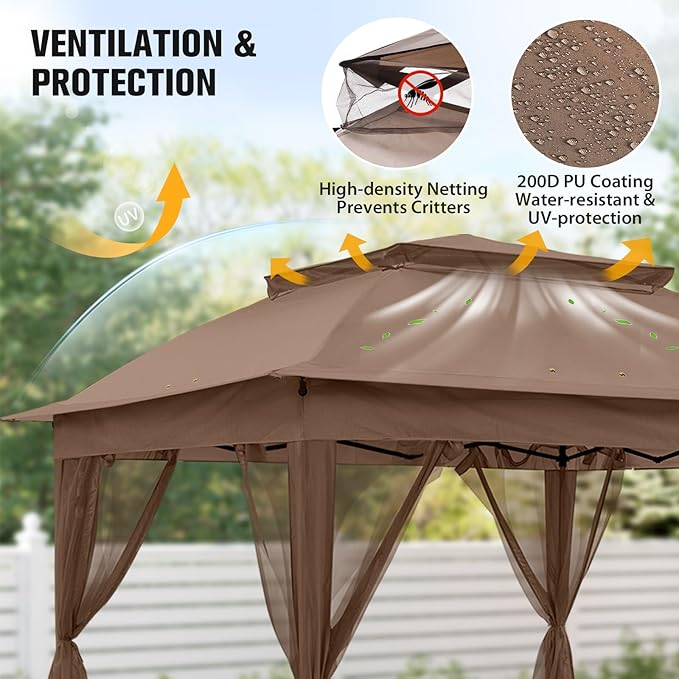 COOS BAY Pop up Gazebo 11x11, Instant Canopy Tent with Mesh Netting, Patio Gazebo with 121 Square Feet of Shade, 4 Weight Bags Included, Brown