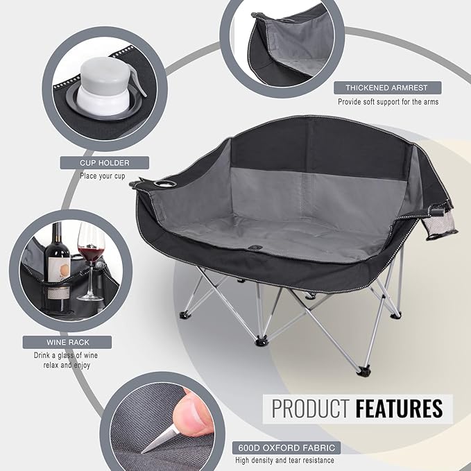 WILDROOTS Outdoor Folding Double Camping Chair Adults 2 Person,Heavy Duty 600 LBS Loveseat with 2 Cup Holder,Portable Carry Bag Included for Camping,Lawn,Backyard,Movie