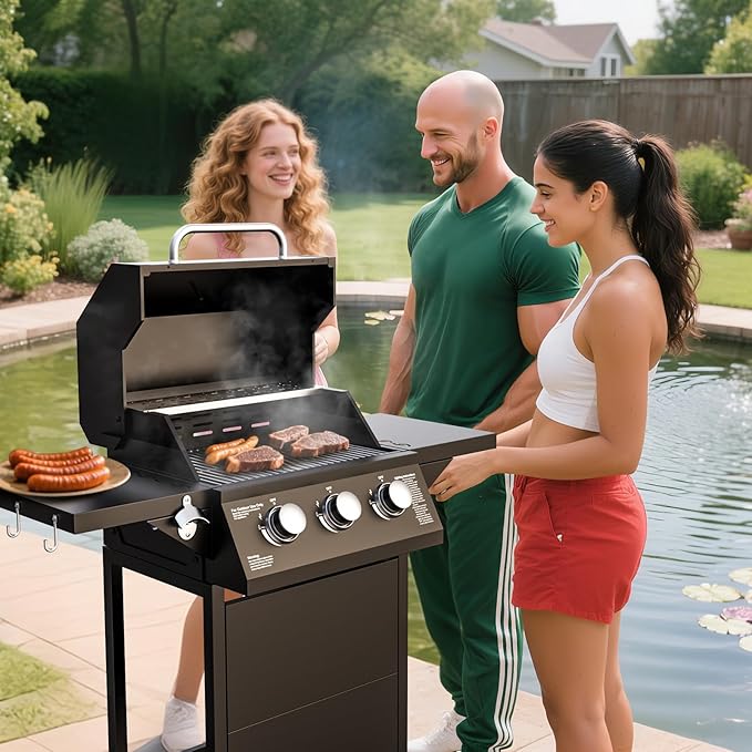 3 Burner Propane Grill, 30,000 BTU Propane Gas Grill with Two Side Tables, Stainless Steel Barbecue Grill, Outdoor Cooking BBQ for Patio, Camping, Backyard
