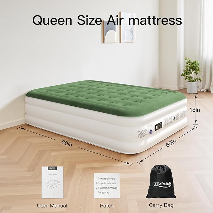 2025 Upgraded Queen Air Mattress with Built in Pump，18'' Comfort Blow up Mattress, Quiet Surface Portable Inflatable Mattress, Air Bed with Storage Bag for Guests, Home, Camping, 660 lbs Max