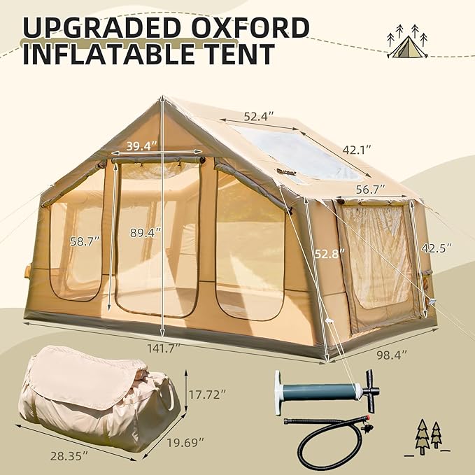 YOLENY 2-4 Person Inflatable Tents for Camping, Quick Setup in 2 Minutes with Hand Pump, 4-Season Waterproof Windproof Oxford Blow Up Tent