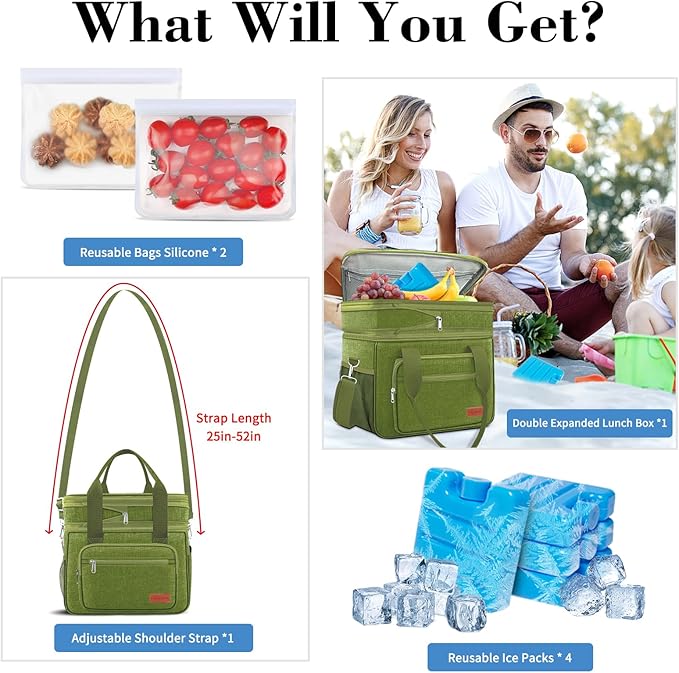 Coobiiya Large Expandable Insulated Lunch Bag Cooler Bag，12-23L Lunch Box for Men Double Deck Leakproof，Heavy Duty LunchBag Cooler Bags for Camping, Travel, Kayaking & Beach