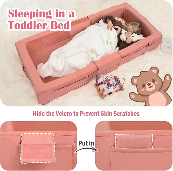 ENITYA Toddler Travel Bed, Folding Floor Cot for Travel, Portable Kids Bed for Sleeping, Washable Toddler Cot for Children 1– 4yr Old, Pink
