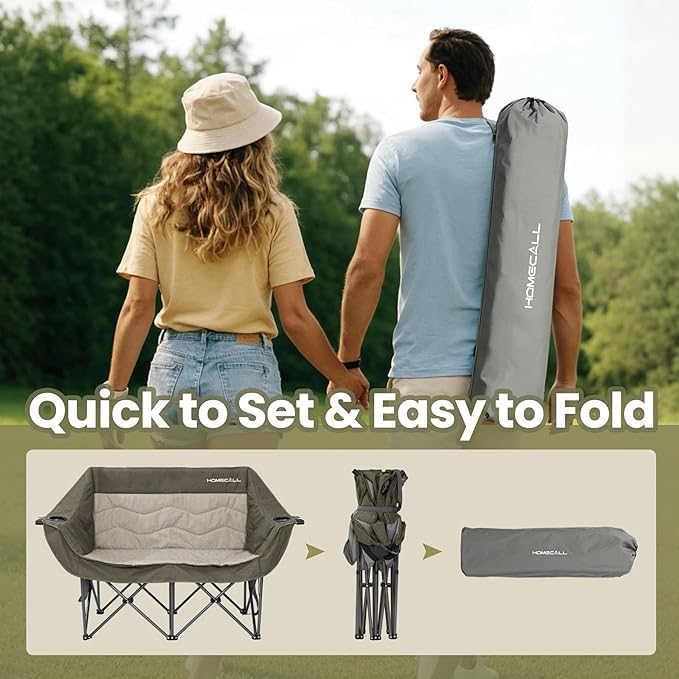 Double Camping Chair for Adults - Heavy Duty Folding Loveseat Support 700 lbs, 2 Person Padded Camping Couch Portable with Cup Holders & Storage Bag for Camping, Lawn, Sports, Green