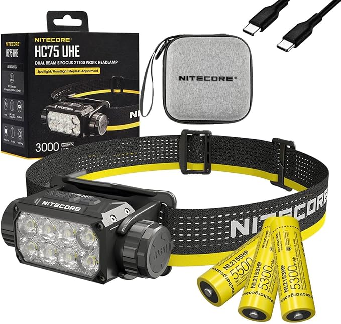 Nitecore HC75 UHE + 2X Extra NL2153HP HC75 UHE Rechargeable E-Focus Spotlight Floodlight Headlamp 192m Beam -3000 Lumens (Upgrade of HC68) w/ 2X Extra Battery and Eco Sensa USB-C Charging Cable