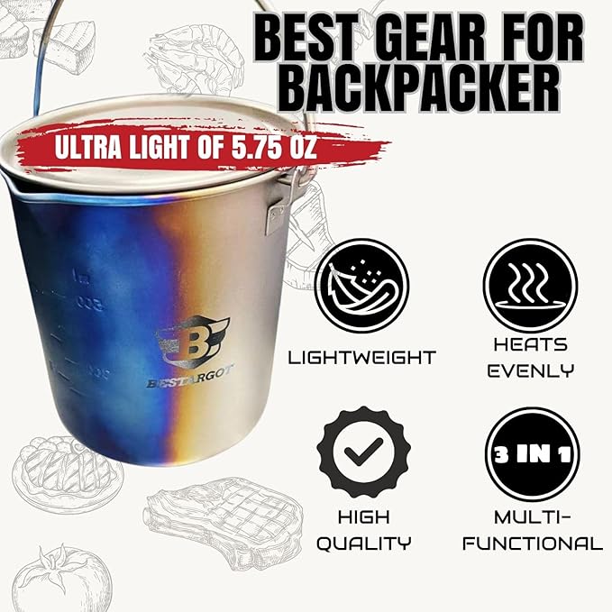 Bestargot Camping Titanium Pot, 750ml Outdoor Cup with Insulation Cup Carrier, Titanium Camping Drinkware, 132g Lightweight and Large Capacity