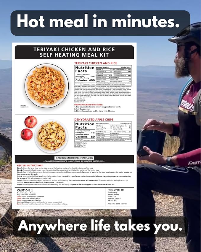 Heaven's Harvest Self-Heating Emergency Meal Kit (10 Year Shelf Life) — Tastier than MRE Meals & Ready-To-Eat in Minutes! Just add water to activate the “cooking” process. Teriyaki Chicken) (12-Pack)