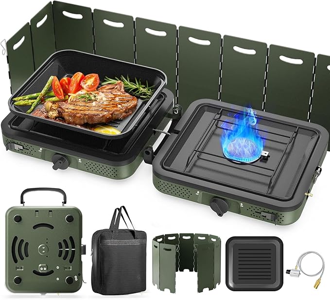 Camping Stove, 2 Burner Propane Stove With Grill,17,000 BTU Camp Stove, Foldable Camping Stove Propane Includes Carry Bag,Windscreen & Grill,Adjustable Burners & Piezo Ignition for Tailgating,BBQ,Camp
