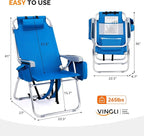 VINGLI Tall Beach Chair 2 Pack Lightweight, Backpack Beach Chair for Adults with 5-Position, Cooler Bag, Cup Holders, Towel Bar, Lightweight Folding Beach Camping Chairs