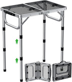 GARLLEN 2ft Folding Grill Table, 3 Adjustable Height Folding Camping Table with Heat-Resistant Mesh Tabletop, Portable Aluminum Picnic Tables for BBQ, Camping, Outdoor, 22.8" L x 15.7" W
