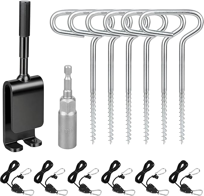 Ice Anchor Tool Kit for Ice Fishing Shelter - 6PC Heavy Duty Ice Tent Shelter Stakes and Drill Bit 1/4" Adapter, Rope Hanger Ice Fishing Tent Accessories