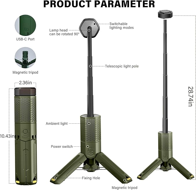 Telescopic Camping Light - 10500mAh Rechargeable Camping Lantern with Storage Bag, Dimmable Magnetic Tent Lamp, Waterproof Camping Lights Outdoor Emergency Lights for Home Power Outage, Hiking -Green