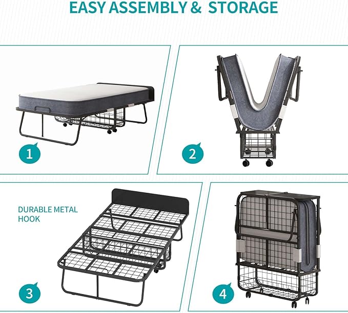 BALUS Folding Bed with Mattress for Adults, 75" x 31" Rollaway Bed with Head Baffle & Mesh Storage Basket, Fold Up Beds for Guests, Foldable Frame with Locking Casters for Easy Moving（Upgrade）