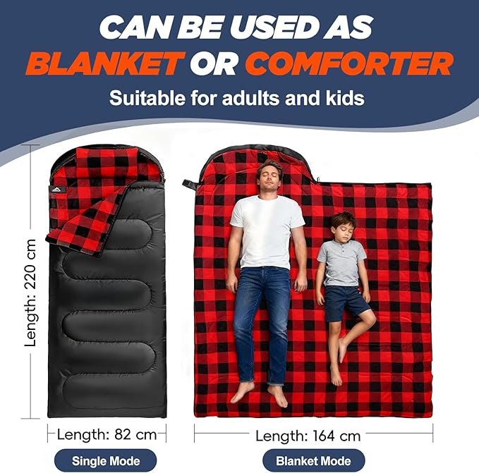 MEREZA Flannel Sleeping Bag for Adults Cold Weather, XL Sleeping Bag with Pillow for 30 Degree 4 Season Camping Large Big and Tall Sleeping Bags with Compression Sack