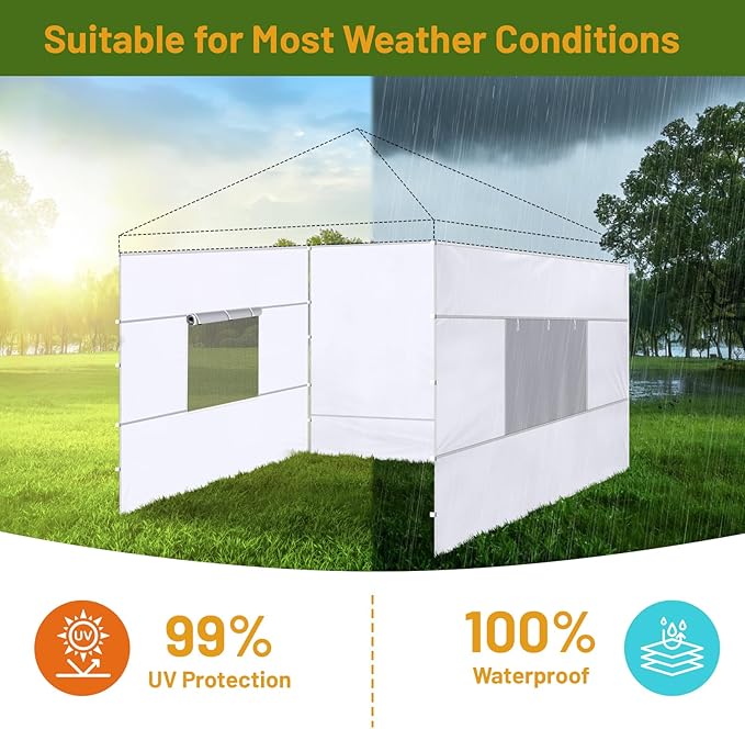 3 Pcs 10x10 Canopy Sidewalls with Roll-up Windows for 10x10 Pop Up Canopy Straight Leg Outdoor Instant Canopy Walls Waterproof & UV Protected for Outdoor Event Tents, 3 Sidewalls Only, White