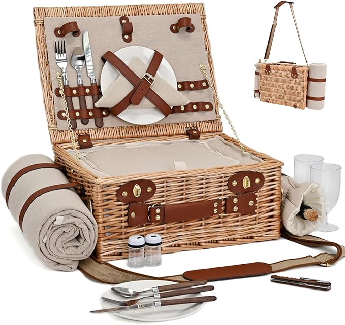 Picnic Basket with Blanket and Wine Pouch for 2, Wicker Picnic Set with Insulated Liner Cooler Bag Hamper for Camping,Wedding - Natural