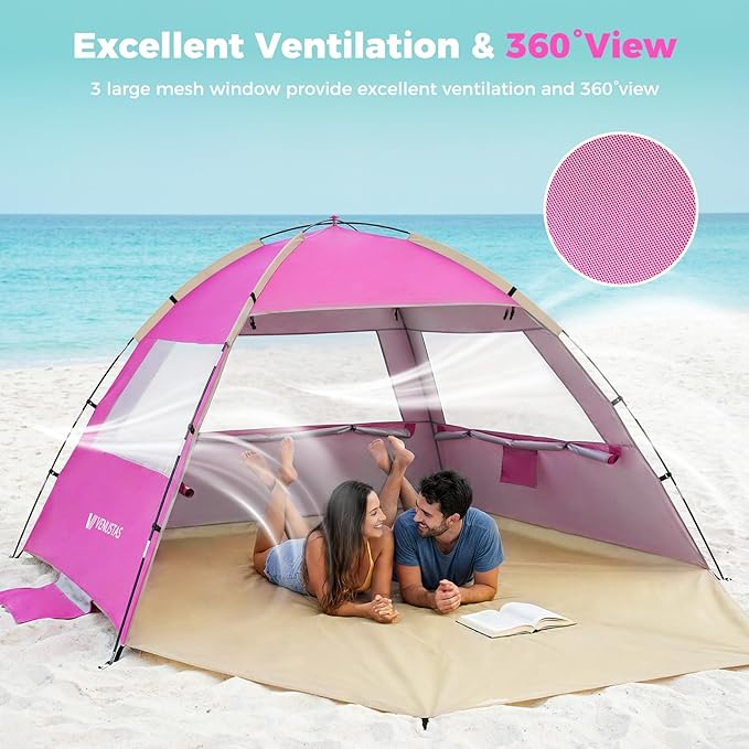 Venustas Beach Tent Sun Shelter for 3/4-5/6-7/8-10 Person, UPF 50+ UV Protection Beach Canopy, Lightweight and Easy Setup Cabana, Portable Shade Tent
