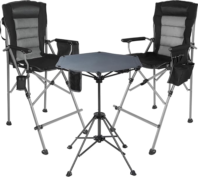 Extra Tall Folding Chairs 2 Pack & Adjustable Height Folding Table Set, Portable Outdoor Bar Table & Foldable Director Chairs with Makeup Pocket for Backyard,Beach,Travel with Storage Bag