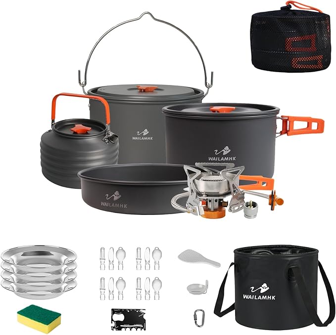 Camping Cookware Mess Kit with 3500W Stove, 7L Hanging Pot, 10L Water Bucket & Tableware Set for Outdoor Camping & Hiking