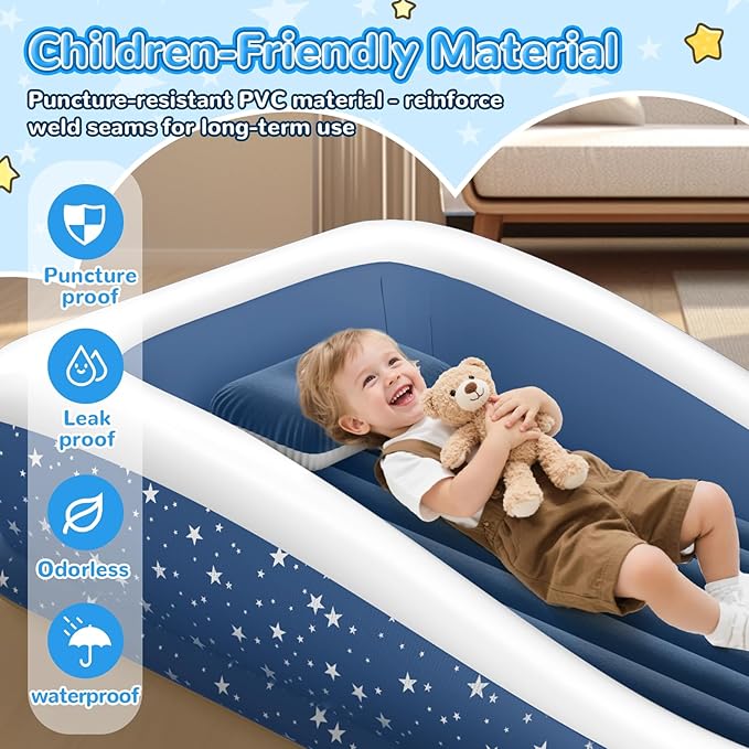 Inflatable Toddler Travel Bed: Portable & Safety - Blow Up Toddler Bed Travel with 4 Sides - Kids Air Mattress Ideal for Outdoor Camping - Easy to Inflate Deflate and Clean (67”, Blue)