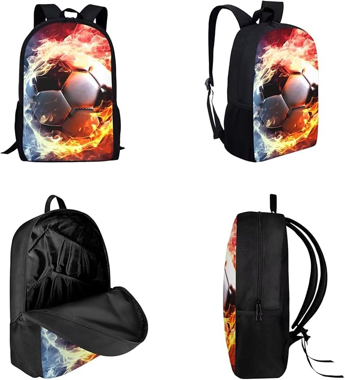 3PCS Football Fire Print Kids School Bag Set, Waterproof Daypack Knapsack Insulated Lunch Tote Bag Pen Case Organizer for Hiking