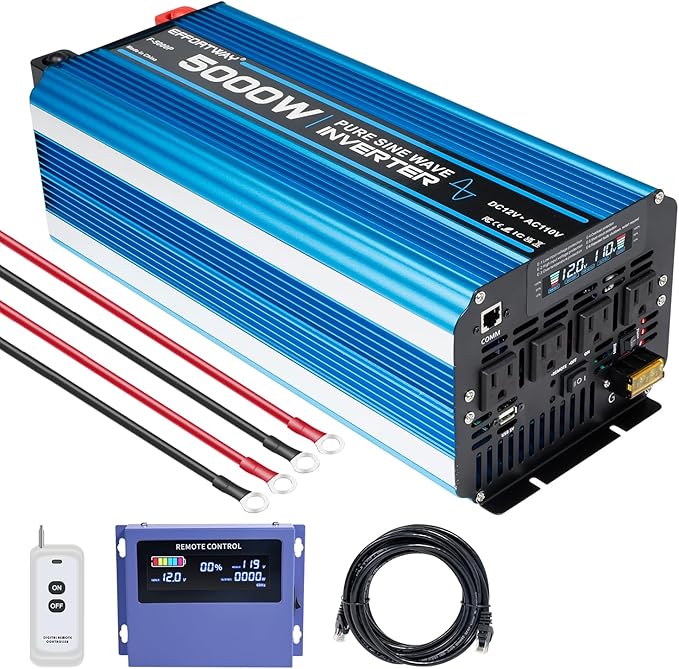 5000W Pure sine Wave Inverter DC 12V to AC 110V/120V Converter 10000w (Peak) with LCD Display Wireless/Wired Remote Control 4AC outlets 4USB and Hardwired AC.Ideal for RV Travel Off-Grid Solar Systems