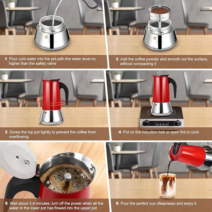2 Cup Stovetop Espresso Maker Stainless Steel Moka Pot Stove Top Percolator Italian Coffee Makers Capable Mocha Greca Machine Cafe Classic Induction Cookers for Home and Camping 100ml 3.3oz