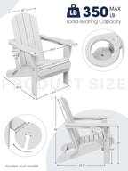 KINGYES Folding Adirondack Chair Set of 4, Dual Cup Holders & All-Weather HDPE, Wood-Like Patio Chair for Backyard, Camping, Pool & Fire Pit, White