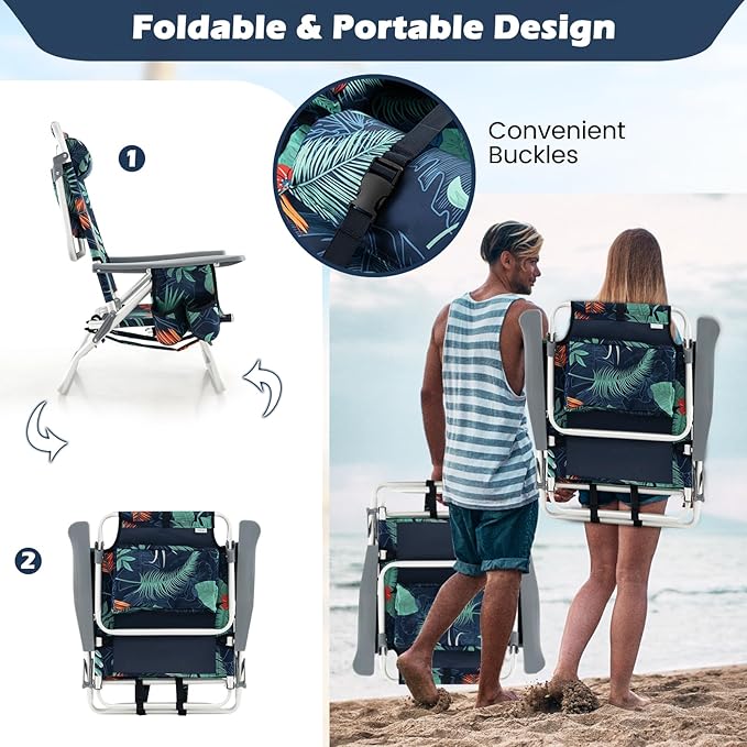 Goplus Beach Chair, Folding Backpack Beach Chairs for Adults with 5 Positions, Head Pillow, Cooler Bag, Towel Bar, Cup Holders, Sunbath Sling Tanning Lounge, Foldable Layout Camping Chairs