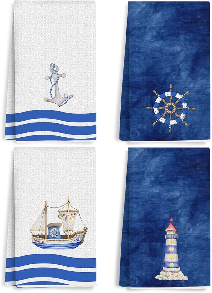 4Pcs Nautical Kitchen Towels 24x14 Inch, Navy Blue Waffle Weave Hand Towels for Kitchen Home Bathroom, Absorbent Microfiber Dish Cloth Tea Towel, Housewarming Gifts for Women Mom Friends