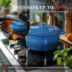 Overmont Enameled Cast Iron Dutch Oven - 4.5QT Pot with Lid Cookbook & Cotton Potholders - Heavy-Duty Cookware for Braising, Stews, Roasting, Bread Baking blue