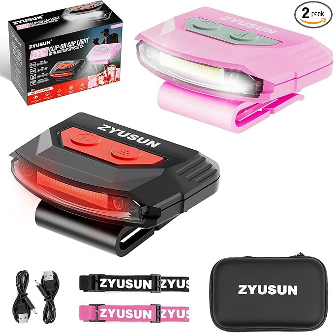 2-Pack Rechargeable Cap Light,Portable headlamps,Clip on Hat with Motion Sensor,Lightweight IPX4 Waterproof,Night Vision LED Lights for Hunting Fishing Camping Hiking Cycling (Pink+Red)