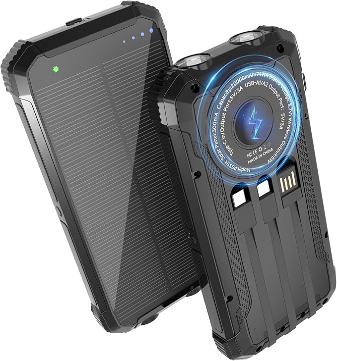 Solar Power Bank 20000mAh, 15W Wireless Fast Charger with 3 Built-in Cables, USB-C Output Portable Battery Pack, Dual Flashlights Power Bank for iPhone 17 16 15 14, Samsung Galaxy, Camping