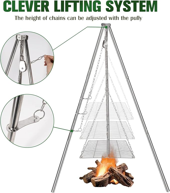 Lineslife Campfire Tripod for Cooking, 44 Inch Lightweight Stainless Steel Adjustable Camping Tripod with Chain, Portable Folding Stand for Grill Dutch Oven BBQ & Outdoor Camping - Carry Bag