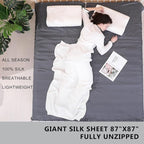 100% Silk Sleep Sack with Zippers on 3 Sides, 87”x43” Large Sleeping Liners for Hotels, Travel & Camping, Multifunctional Travel Sheets (Unzipped:87”x87”) for Adults, Lightweight, All Seasons