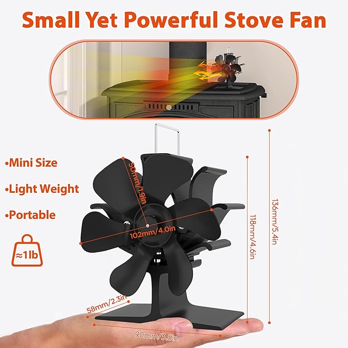 Wood Stove Fan Heat Powered: Small Fireplace Fan Non Electric Stove Fans Fits Camping Stoves/Log Burner Wood Burning Stoves/Pellet Heater RV Stoves Tent Accessories (6 Blades)