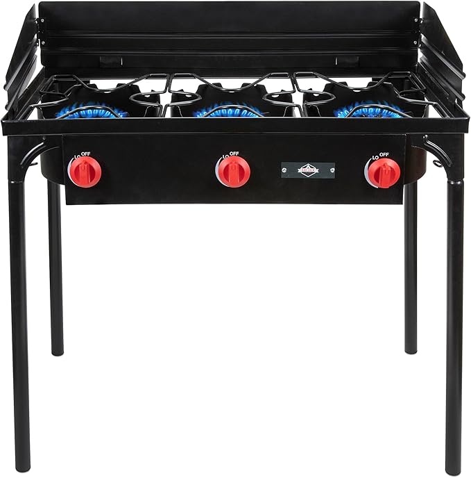 Hike Crew Cast Iron 3-Burner Outdoor Gas Stove | 225,000 BTU Portable Propane Cooktop w/Blue Flame Control, Removable Legs, Temperature Control Knobs, Wind Panel, Hose, Regulator & Storage Carry Case