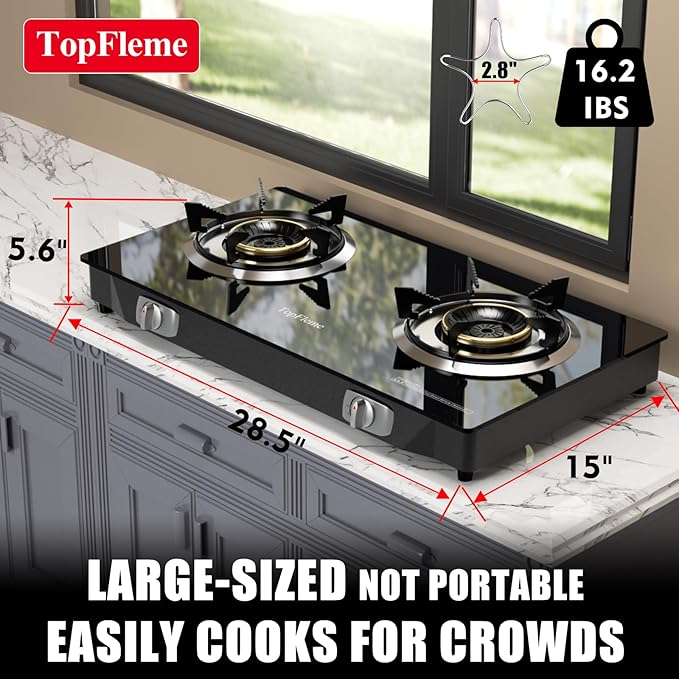 2 Burner Propane Stove 27,200 BTU High-Efficiency Tempered Glass Auto-Ignition Gas Burner Stove Top with CSA Hose for Outdoor RV Camping Emergency Cooking