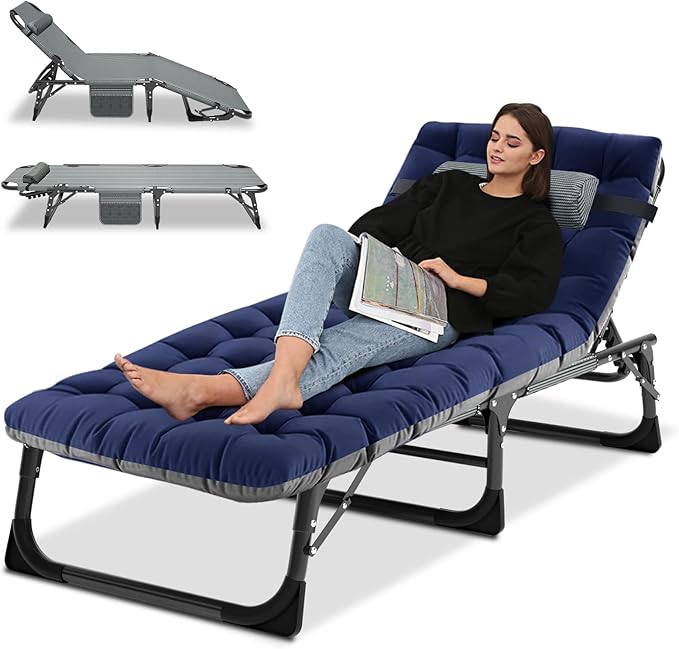 Camping Cot, Adjustable 4-Position Adults Reclining Folding Chaise with Pillow, Outdoor Portable Lounge Chair Sleeping Cots Bed, Perfect for Camping, Pool, Beach, Patio, Navy Blue