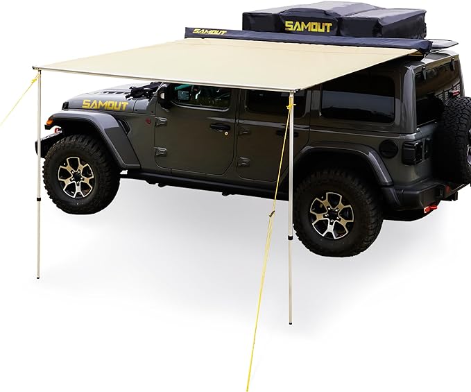 Vehicle Awning, 8.2ft x 10ft, Rooftop Pullout Ripstop UPF50+ Side Awning, Reinforced Hinges & Poles for Jeep/SUV/Truck/Van
