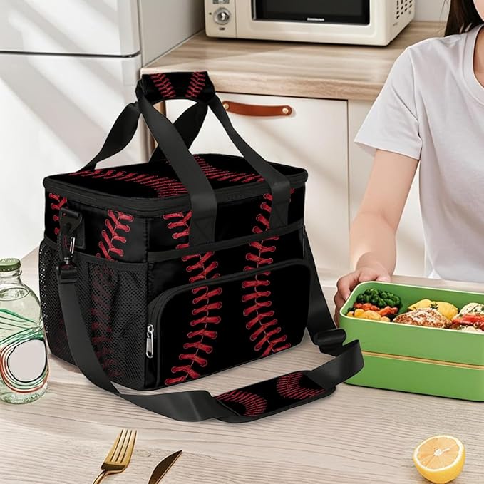 Black Baseball Stitches Laces Soft Cooler Bag Insulated Lunch Box for Men & Women, Large Leakproof Lunch Bag Portable Beach Cooler for Work, Picnic, Road Trips,Fishing, Travel, Camping,A-4
