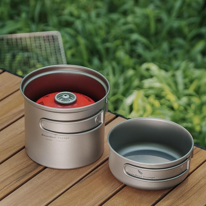 iBasingo Backpacking Cookset Titanium Camping Pots Set Ultralight Outdoor Picnic Pots Pans with Folding Handle Druable Portable Cooking Mess Kit Compact Picnic Dishes Bowls Cups (Multiple Sizes)