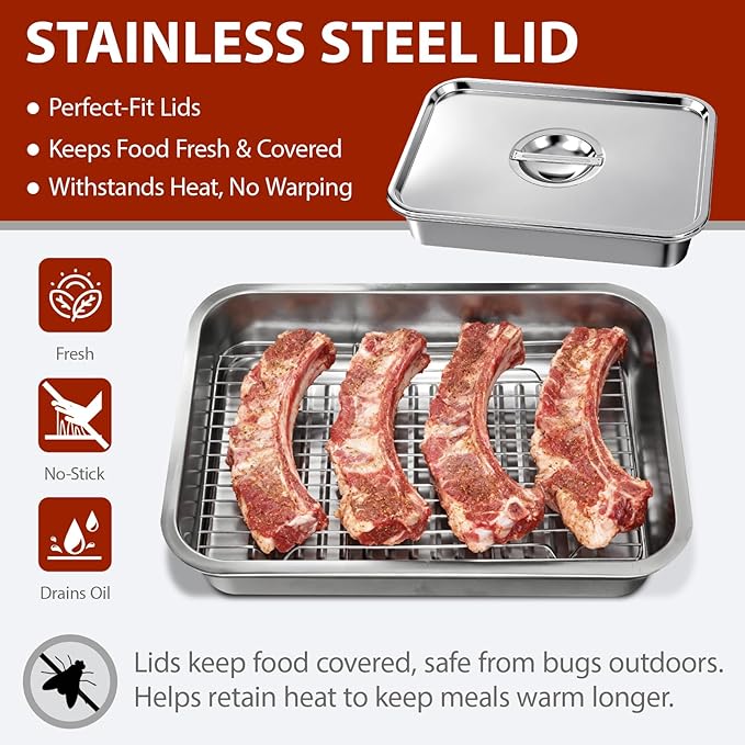 Stainless Steel Grill Prep with Lids –Serve Tray Grill Carry System for Large Food Prep, Marinating Containers, Oven Roasting, and Serving
