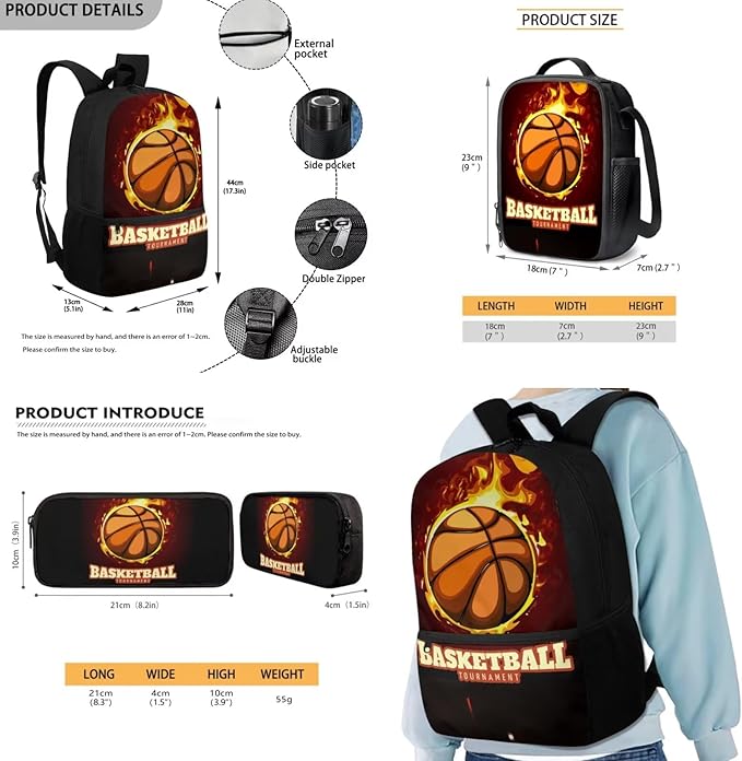 Rnyleeg Basketball Backpack for Boys Cool School Backpack with Lunch Box 3 Pcs Bookbag Set for Elementary Students Back to School Gifts for Kids