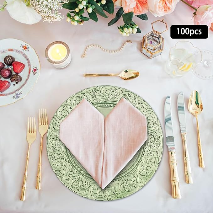 CNCEST 100 PCS Antique Charger Plates Bulk 13'' Plastic Embossed Dinner Plate Chargers Round Floral Plates for Wedding Decorative Chargers for Table Dinner Kitchen Party Decoration (Green)